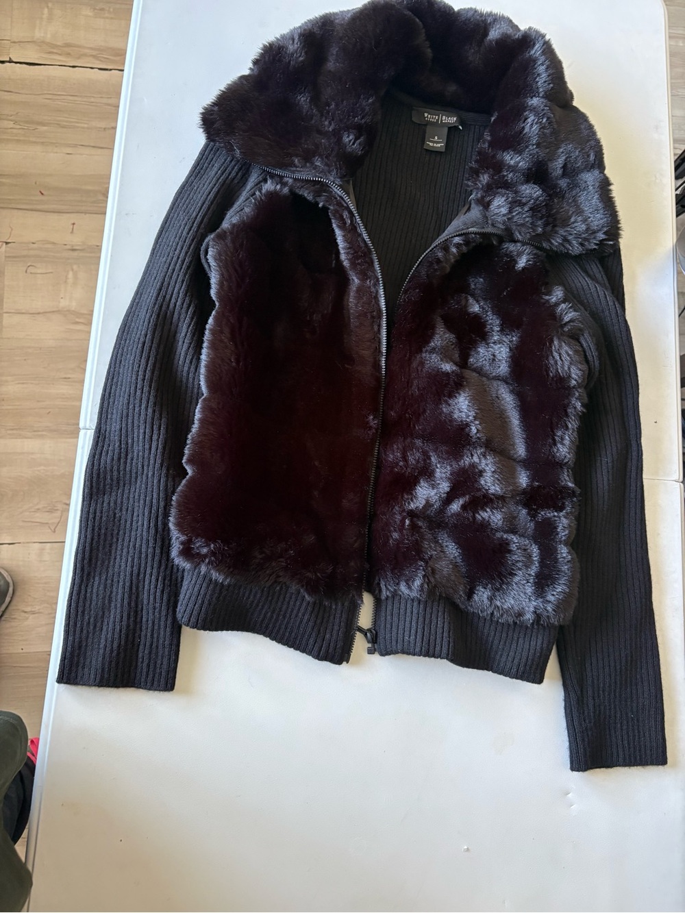 White House Black Market Black Faux Fur Front Knit Jacket